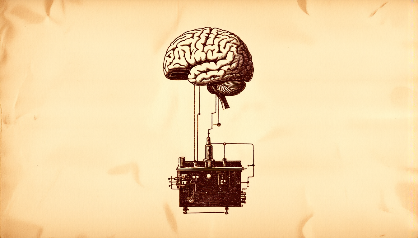 Engraved illustration of a brain fused into a machine chassis