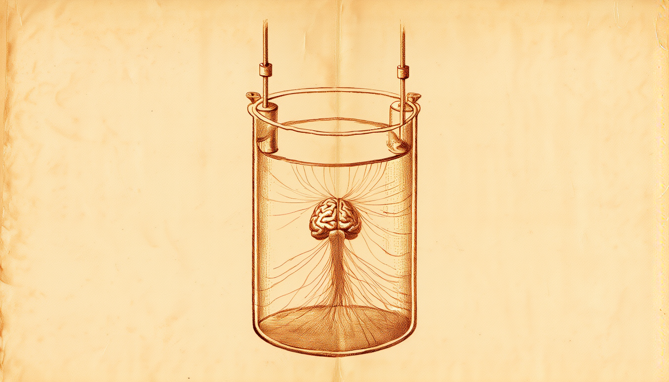 Engraved illustration of a cultured neural organoid in a vessel with electrode contacts