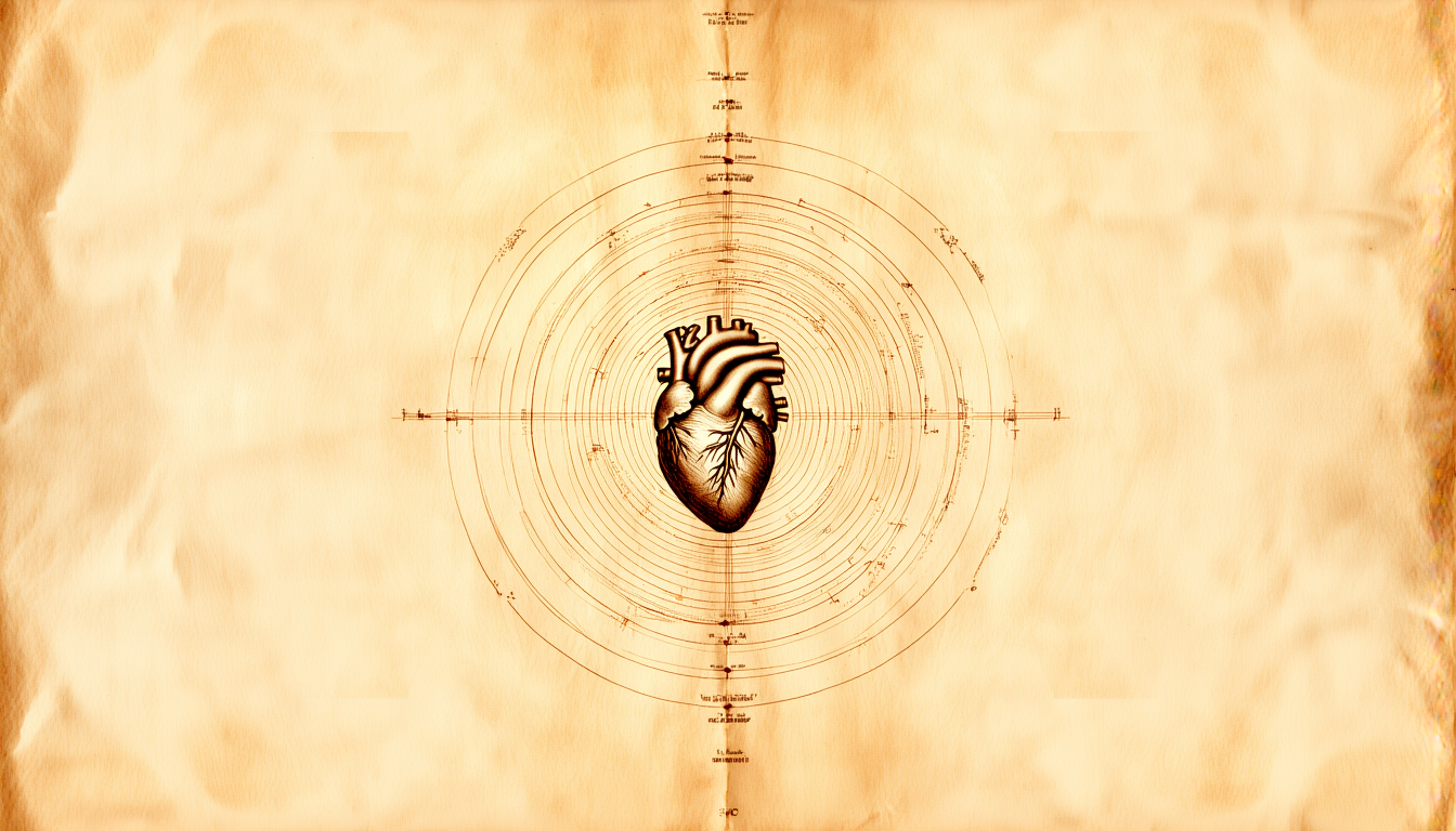 Engraved illustration of a heart within concentric electromagnetic field rings
